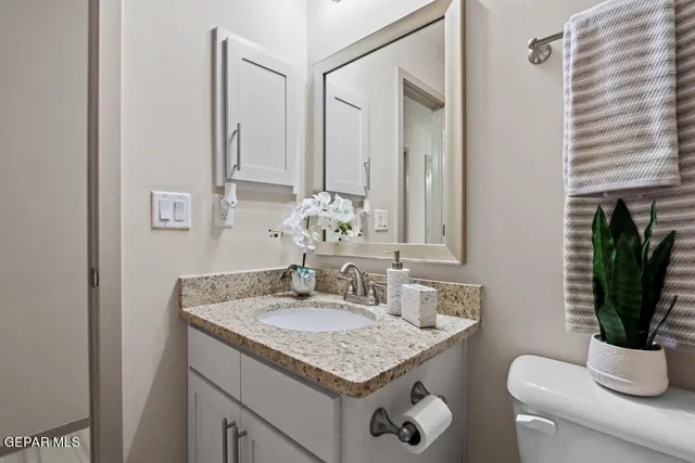 a bathroom with a granite countertop sink a toilet and bathtub