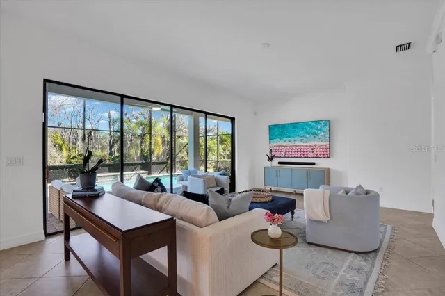 a living room with furniture and a large window