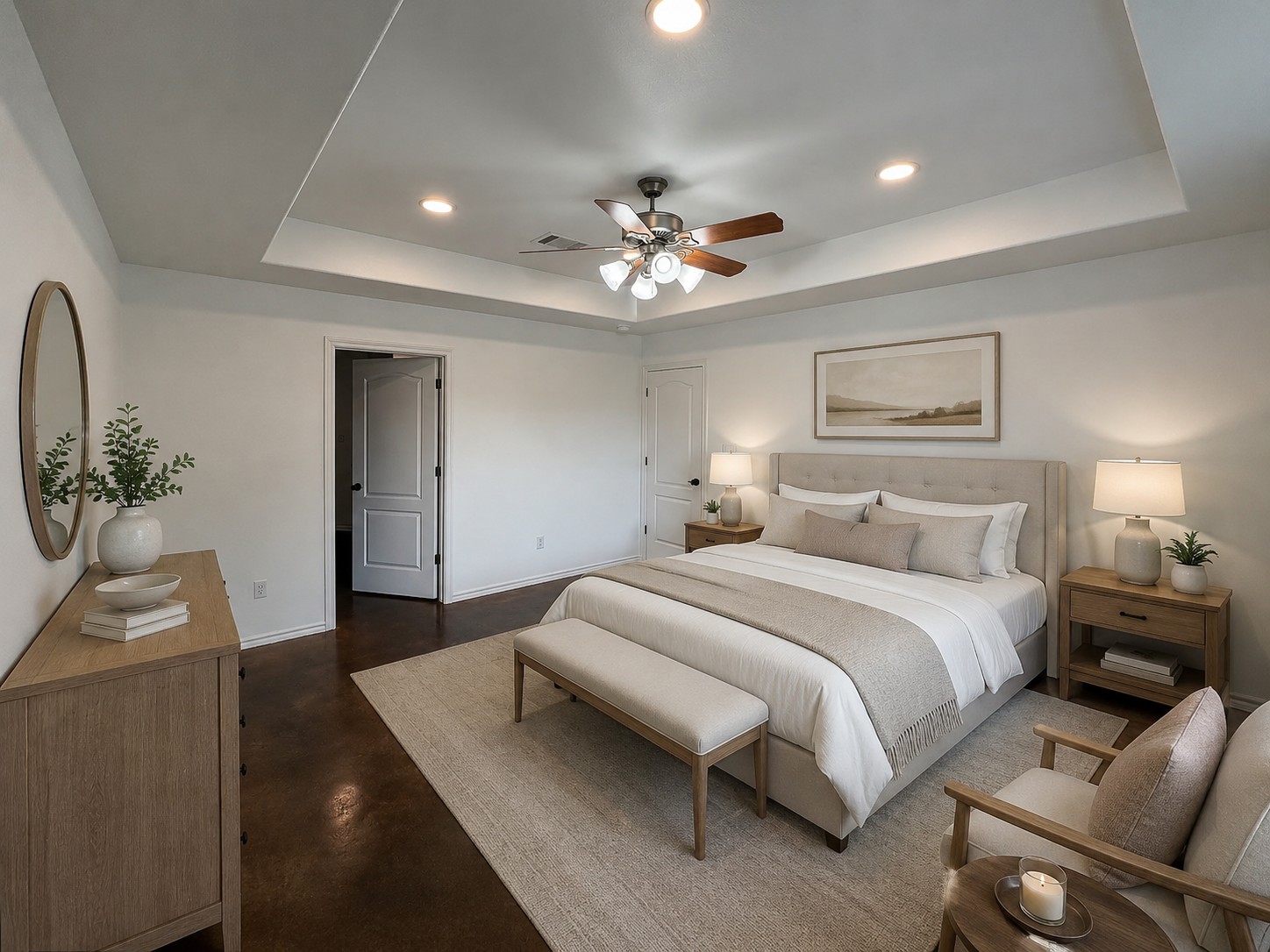 430 Summit Ridge Drive North Point Venture, TX 78645 - Photo 9 of 26 AI-StagedRecessed lighting illuminates a comfortable bedroom with a tray ceiling and practical hard surface flooring.