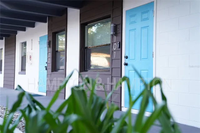 a view of a potted plant in front of a door