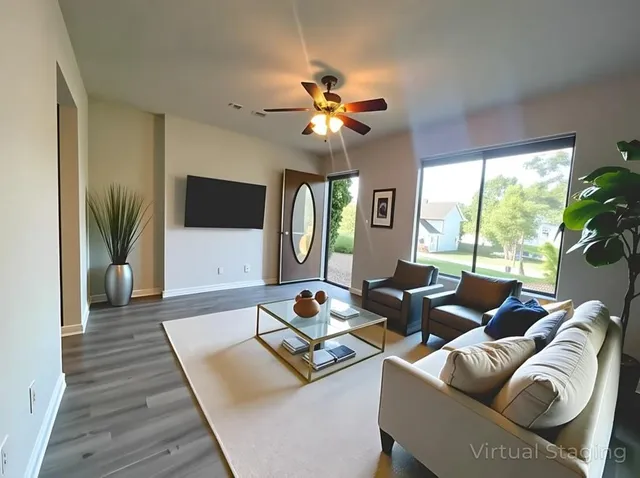 a living room with furniture and a large window
