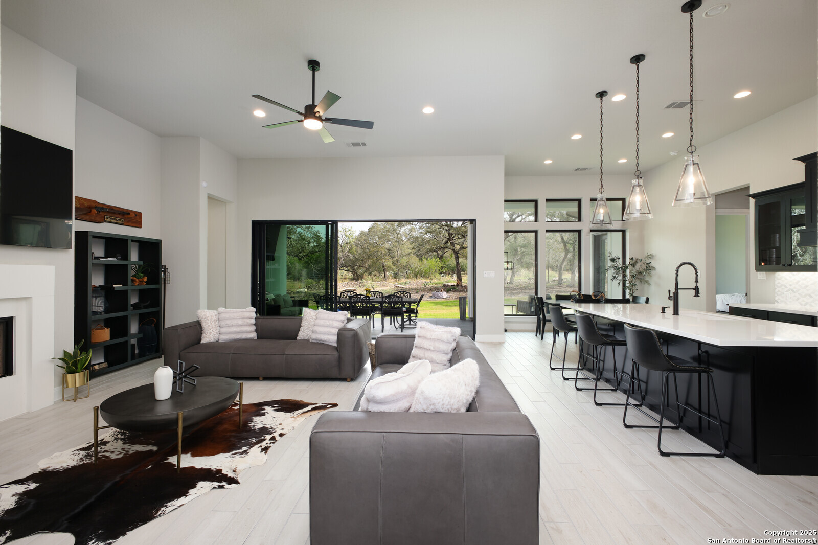 431 Falcon Cove Castroville, TX 78009 - Photo 8 of 46 a living room with furniture a flat screen tv and a fireplace