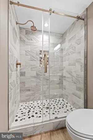 a bathroom with a toilet and a shower