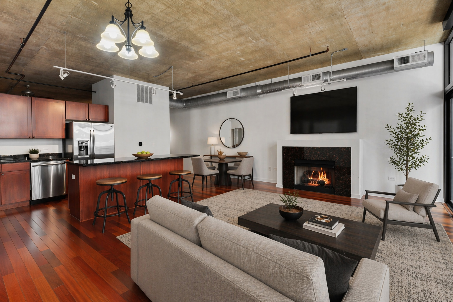 520 South State Street, Unit 705 Chicago, IL 60605 - Photo 12 of 33 a living room with furniture a fireplace and a flat screen tv