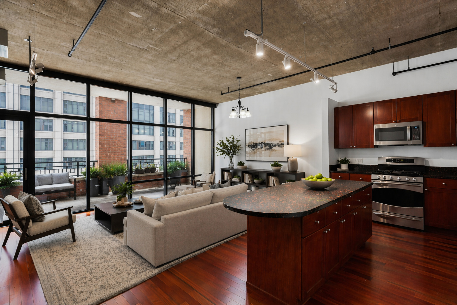 520 South State Street, Unit 705 Chicago, IL 60605 - Photo 6 of 33 a living room with stainless steel appliances granite countertop a couch wooden floor and a large window