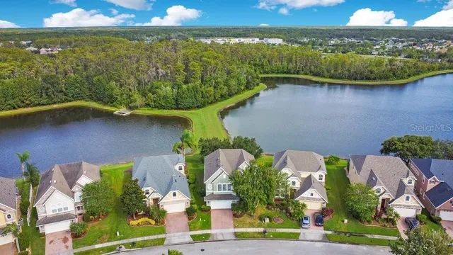 an aerial view of a house with a lake view