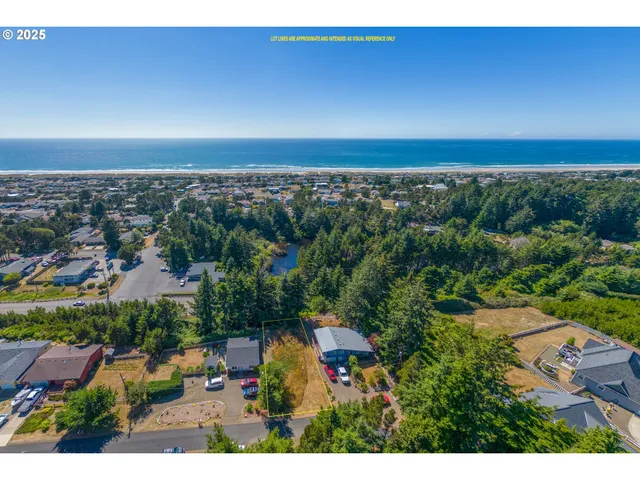 an aerial view of a residential houses with outdoor space and trees