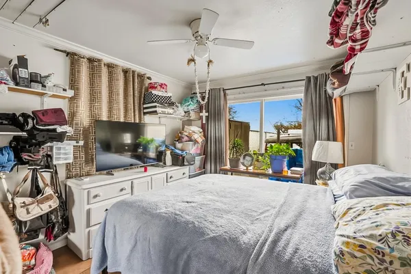 a bedroom with a bed a flat screen tv and a couch