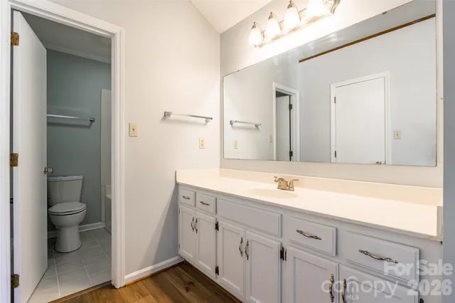 a bathroom with a sink and mirror with toilet