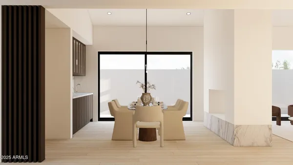 a dining room with furniture and window