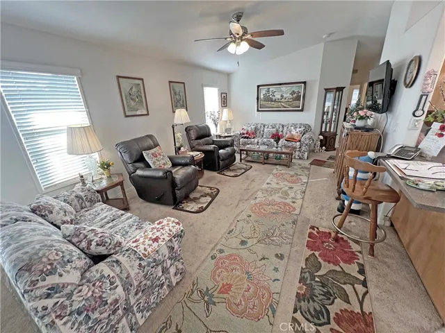 a living room with furniture a rug and a window
