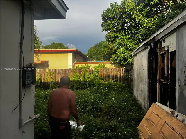 a garden view with a seating space