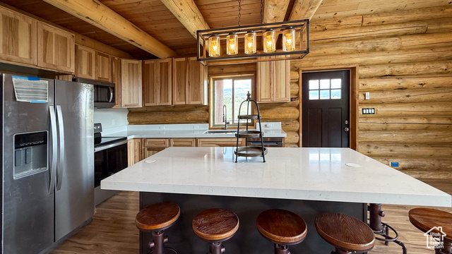 5236 North Holly Way Helper, UT 84526 - Photo 5 of 34 Kitchen featuring stainless steel appliances, log walls, wood ceiling with exposed beams, a sink, and light countertops