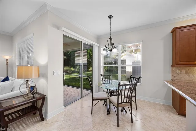 a view of a dining room with furniture window and outside view