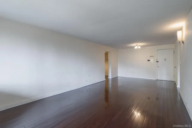 a view of an empty room and wooden floor