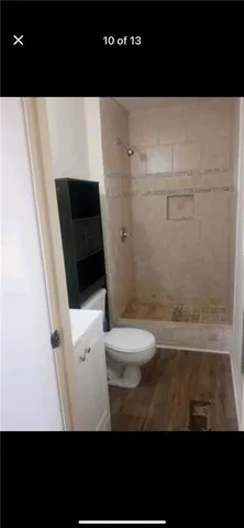 a bathroom with a toilet and a shower