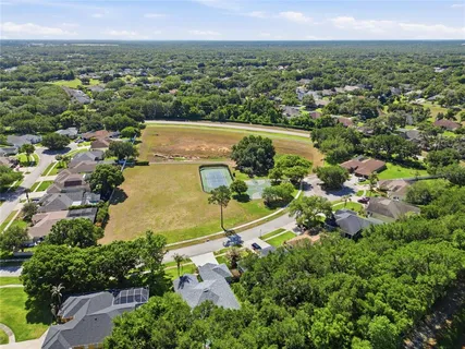 an aerial view of residential houses with outdoor space and trees