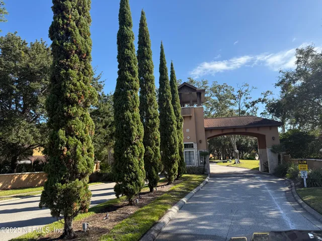 a view of park with large trees
