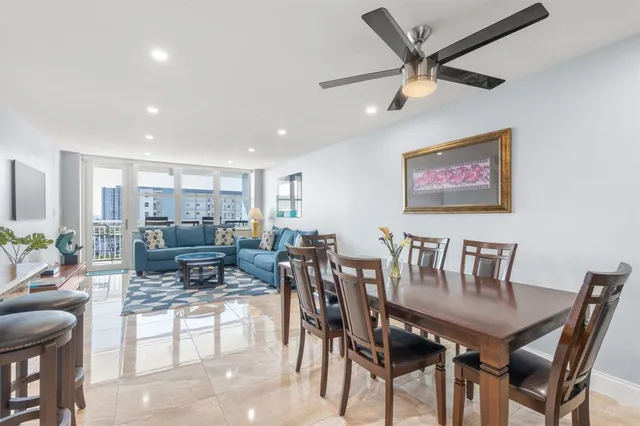 a view of a dining room with furniture