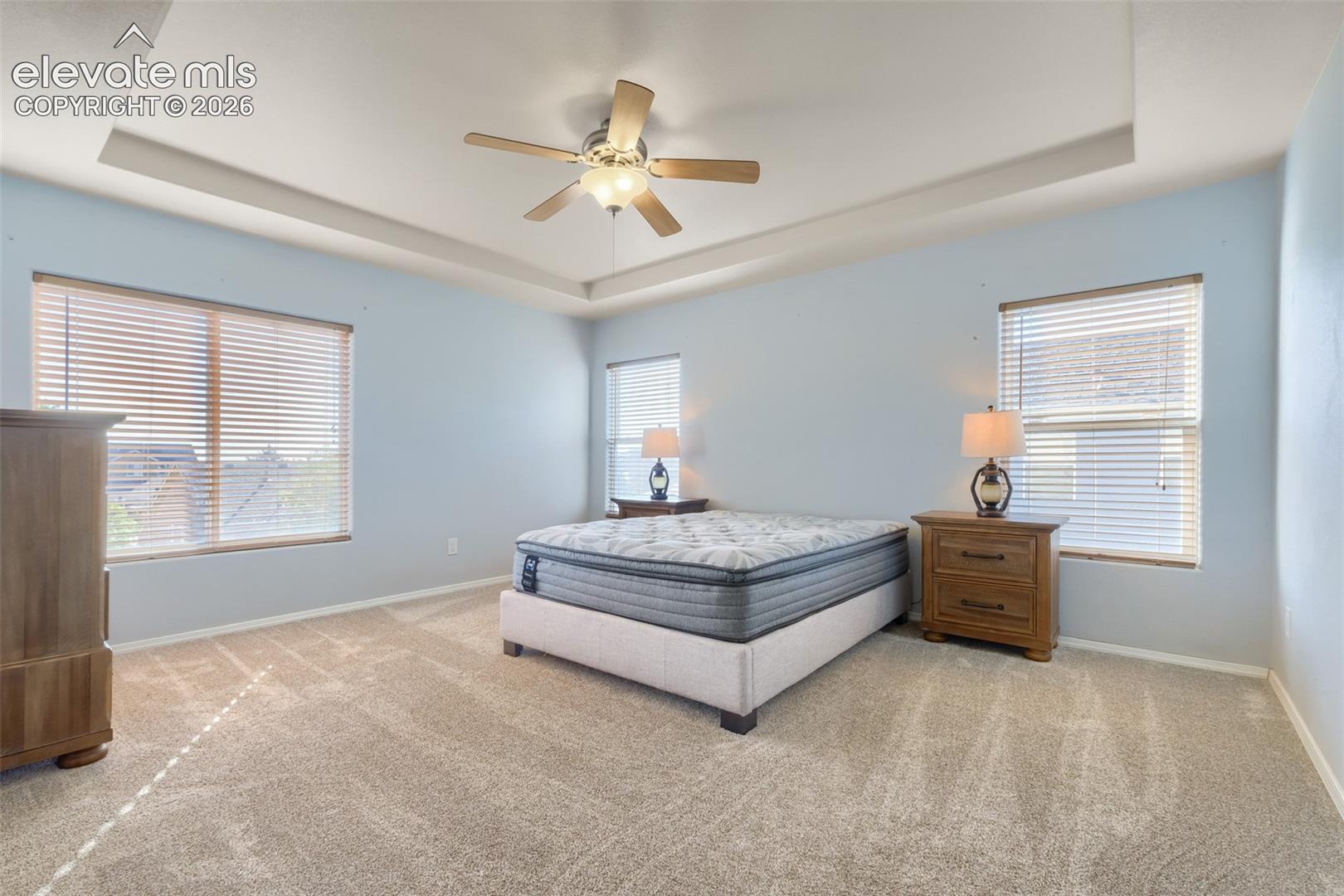 10149 Angeles Road Peyton, CO 80831 - Photo 7 of 24 Master bedroom with recessed ceiling with a central ceiling fan and light fixture