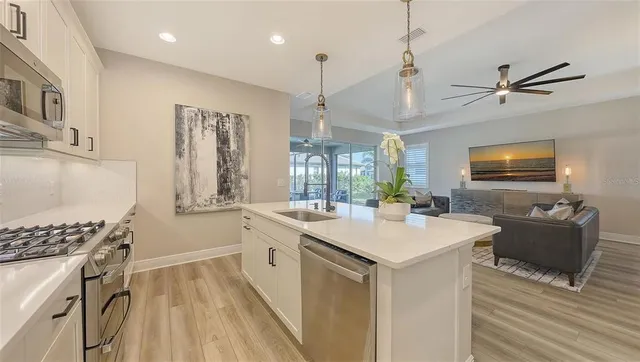 a view of a dining room with furniture