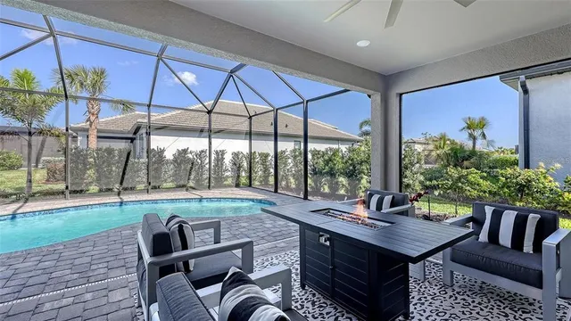 an aerial view of a swimming pool