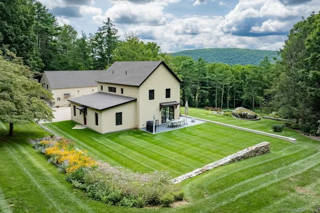 a view of a house with a big yard potted plants and large tree