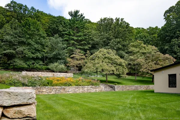 a view of a garden with a bench
