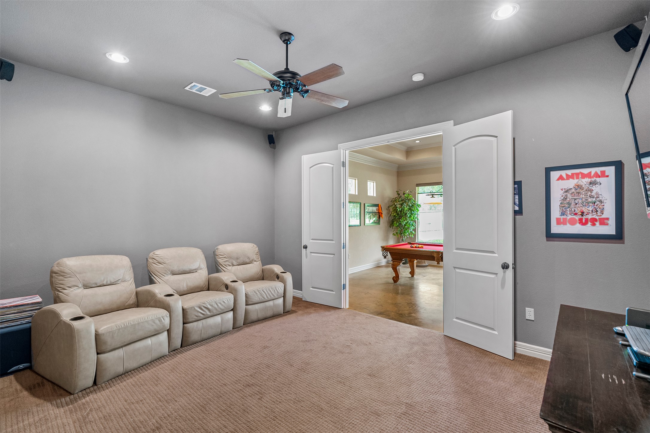 100 Portafino Lane Georgetown, TX 78633 - Photo 13 of 39 Cinema with recessed lighting, a ceiling fan, billiards, and carpet