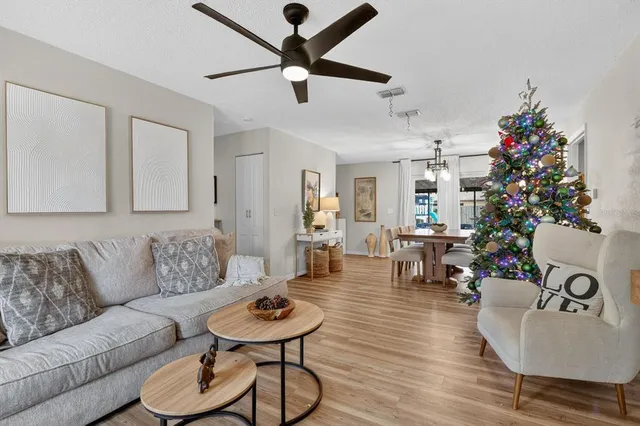 a living room with furniture and a potted plant