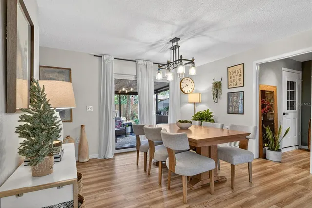 a view of a dining room with furniture wooden floor and chandelier