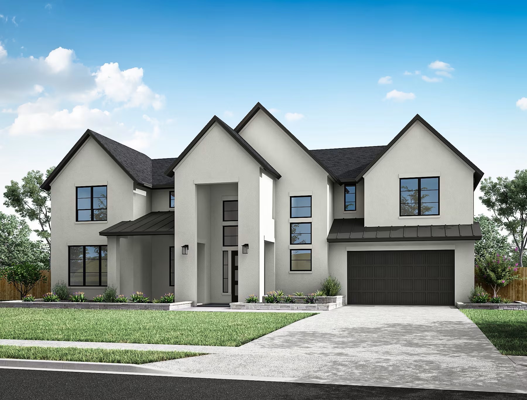 a front view of a house with a garden and yard