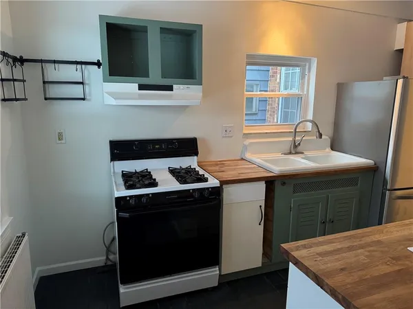 a kitchen with a stove and a sink