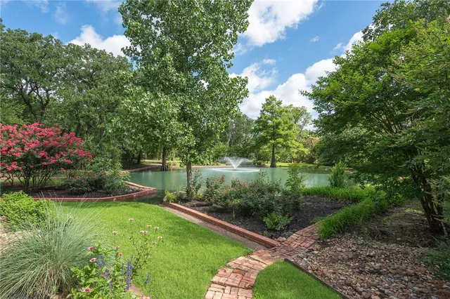 a view of a garden with a lake