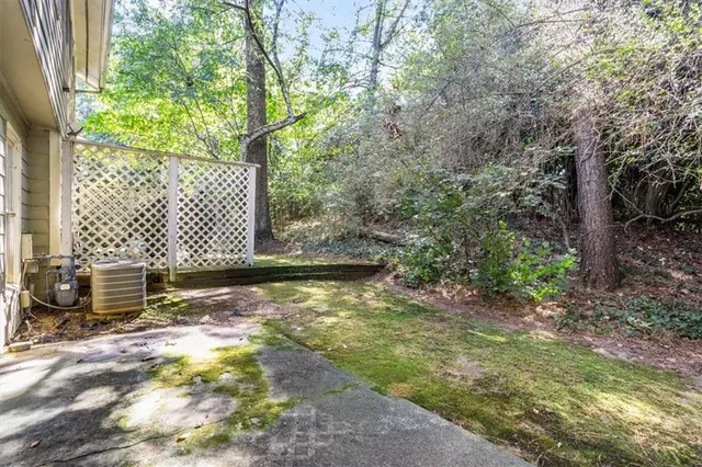 a view of a yard with plants and large trees
