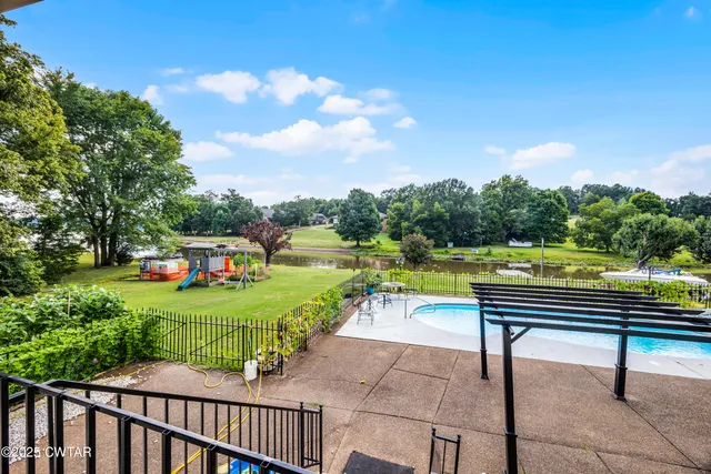 a garden view with a sitting space