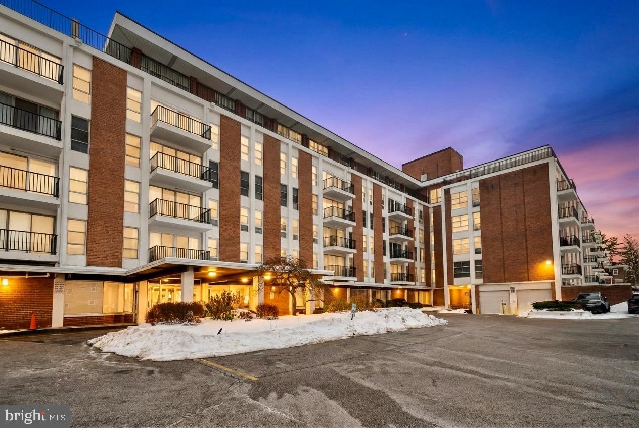 Building exterior & parking garage entrance.
