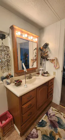 a bathroom with a sink and a mirror