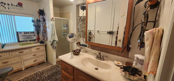 a bathroom with a double vanity sink a mirror and shower