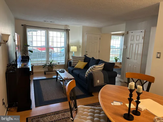 a living room with furniture and a lamp