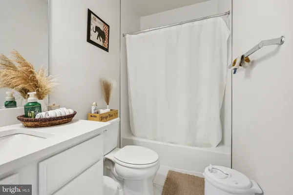 a bathroom with a sink a toilet and shower curtain