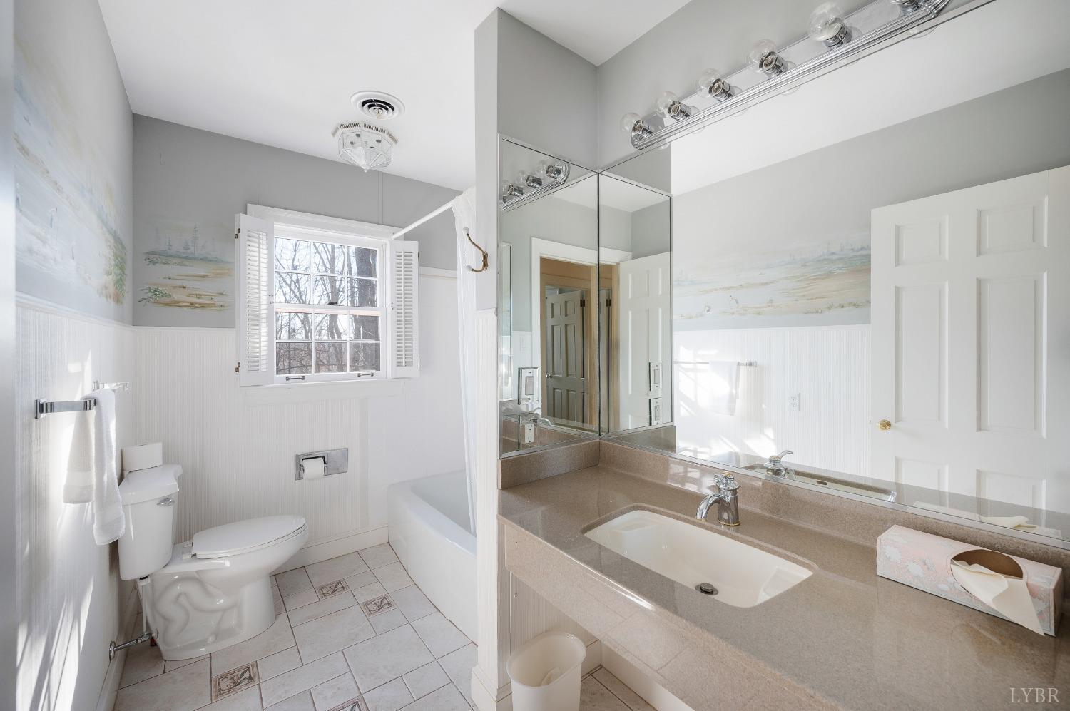 211 Sunset Drive Amherst, VA 24521 - Photo 45 of 76 a bathroom with a granite countertop double vanity sink a mirror and a shower