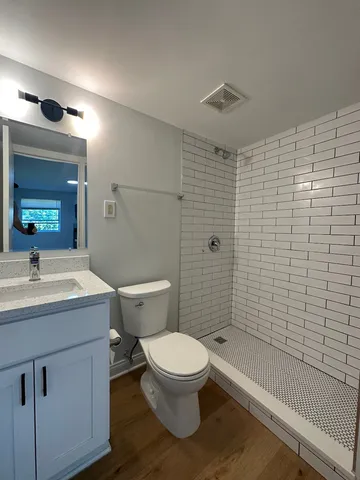 a bathroom with a sink a toilet and shower