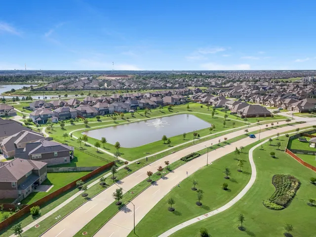 an aerial view of a pool