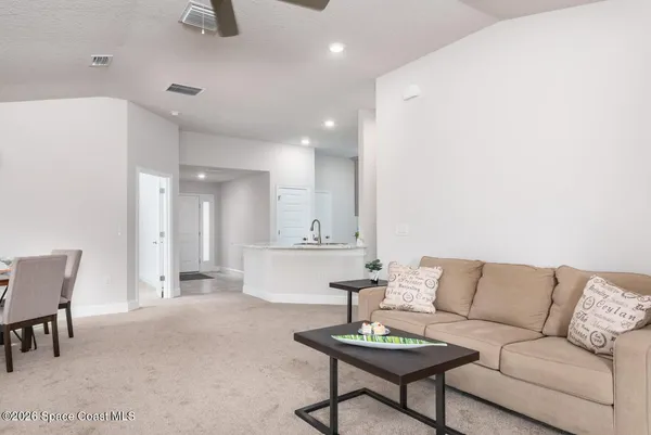 a living room with furniture and a potted plant