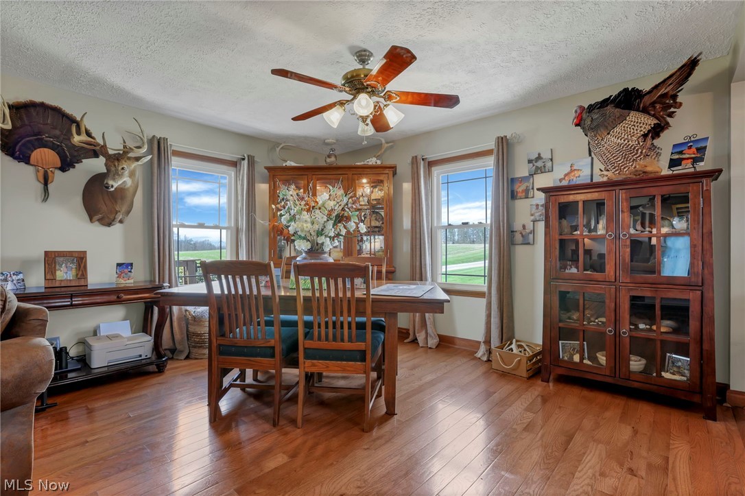 5502 Dutch Ridge Road New Straitsville, OH 43766 - Photo 15 of 49 Dining space featuring hardwood / wood-style floors, ceiling fan, healthy amount of natural light, and a textured ceiling