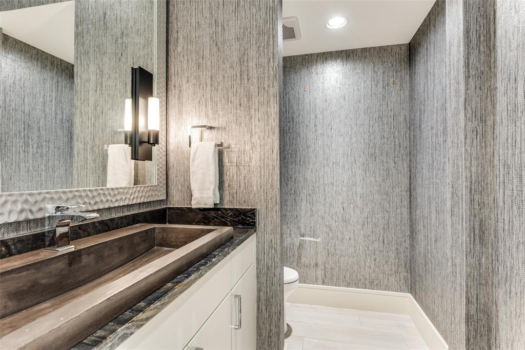 4326 Pomona Road Dallas, TX 75209 - Photo 12 of 31 Bathroom featuring wallpapered walls, vanity, and recessed lighting