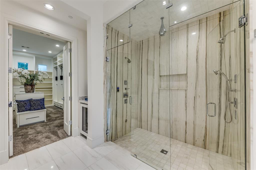 4326 Pomona Road Dallas, TX 75209 - Photo 17 of 31 Bathroom with a shower stall, recessed lighting, a walk in closet, and carpet floors