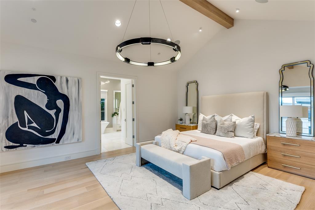 4326 Pomona Road Dallas, TX 75209 - Photo 10 of 31 Bedroom with light wood-style floors, beam ceiling, and high vaulted ceiling