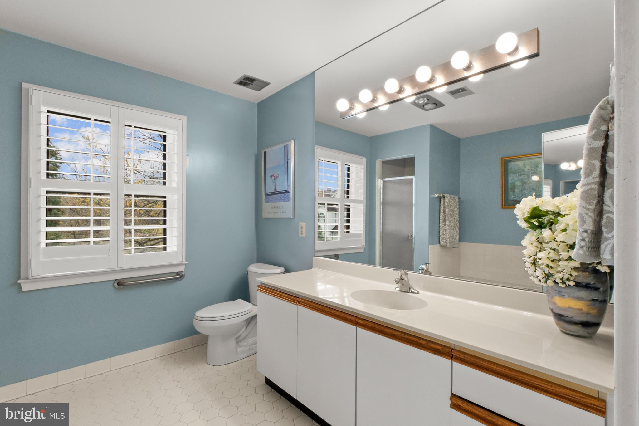 6315 Manchester Way Alexandria, VA 22312 - Photo 24 of 51 a bathroom with a granite countertop sink a large mirror and a toilet